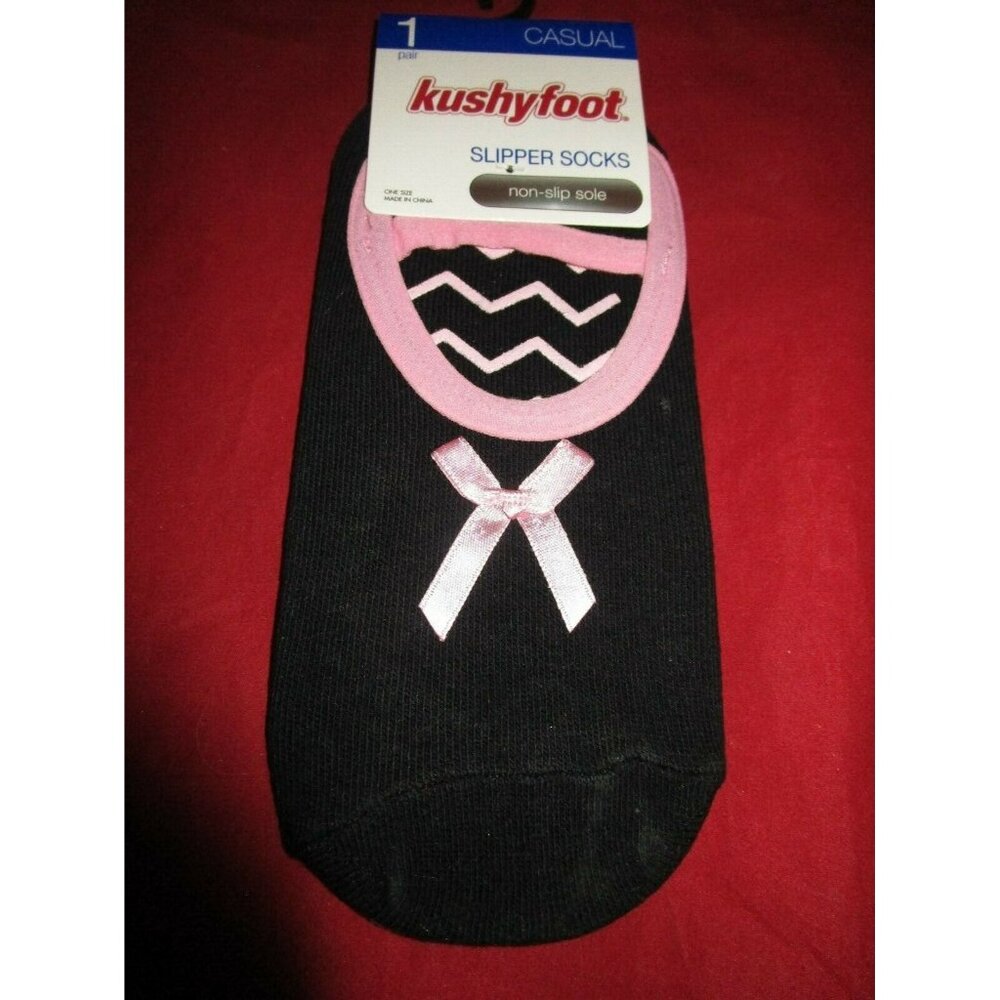 1 Pair Kushyfoot Womens Cotton Mary Jane Slipper Socks Non-Slip Black Pink